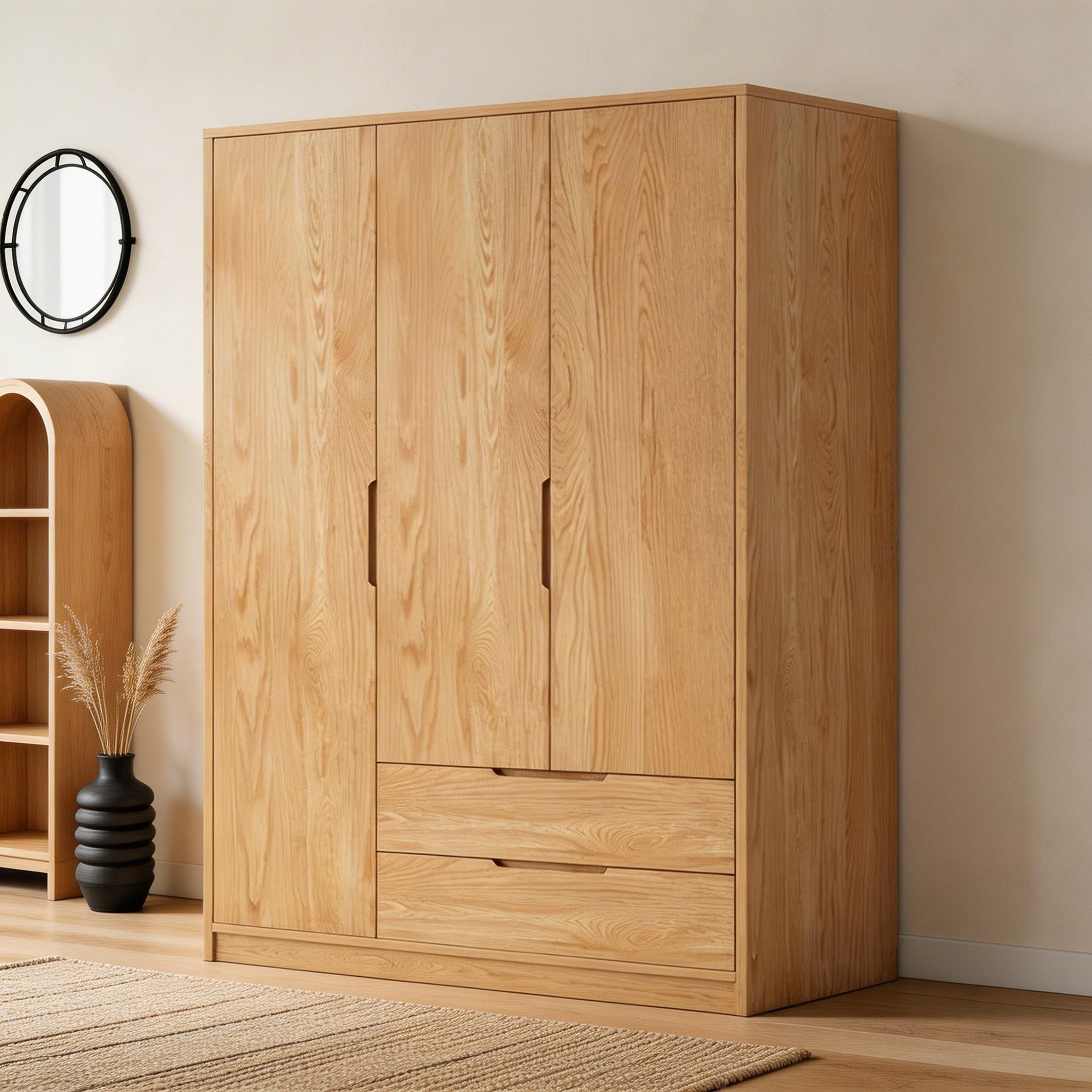 Modern Natural Wood Wardrobe Armoire with Sliding Doors, Drawers, and Shelves - image 30