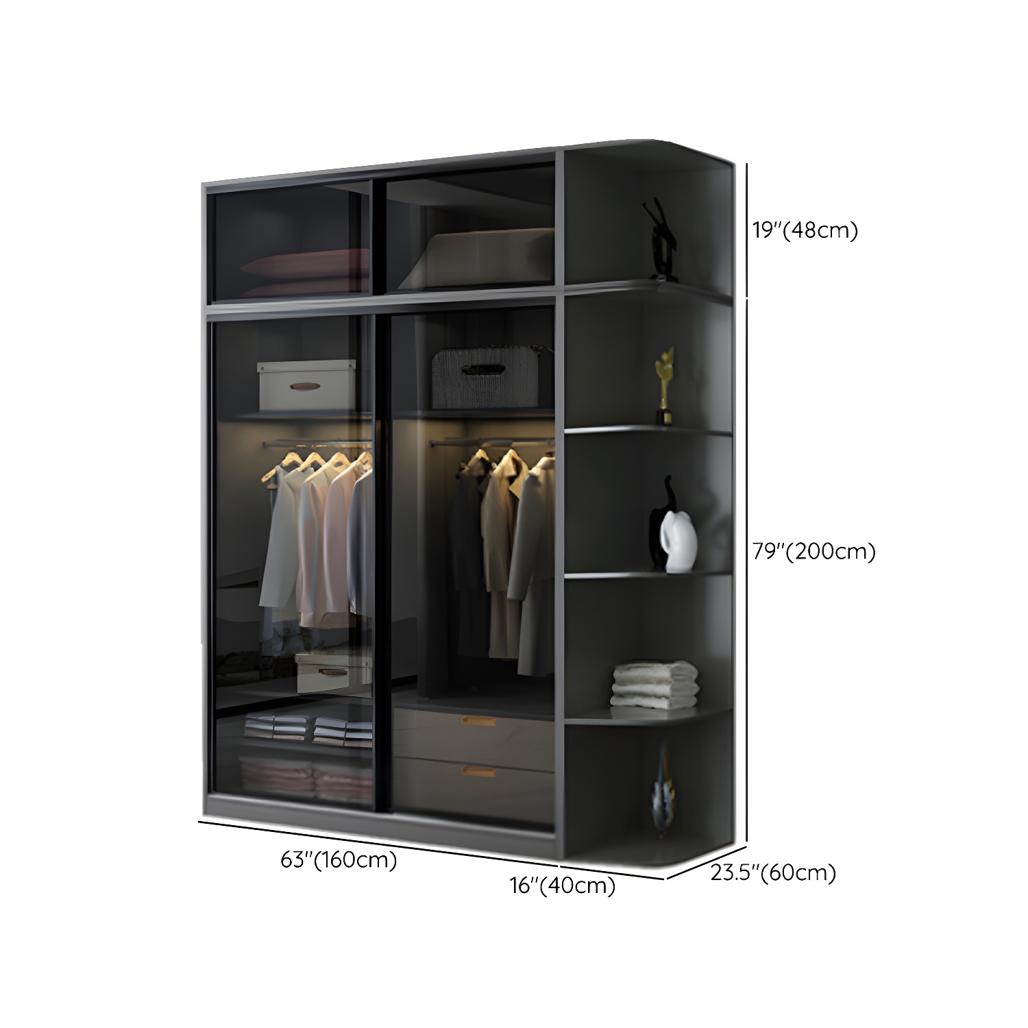 Contemporary Wood and Tempered Glass Wardrobe Freestanding Wardrobe Armoire without Light - image 28