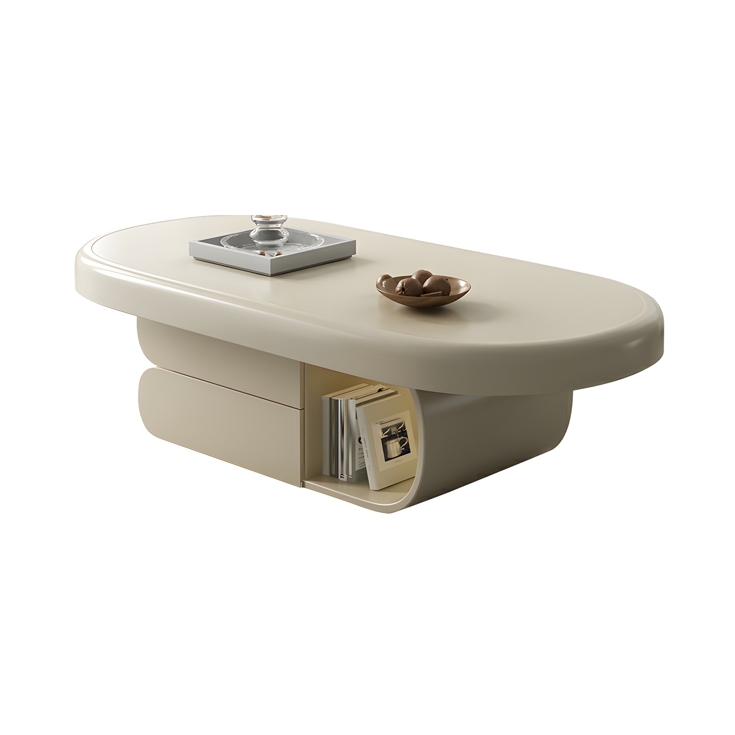 Modern Oval White Coffee Table with Storage, Shelves, and Drawers