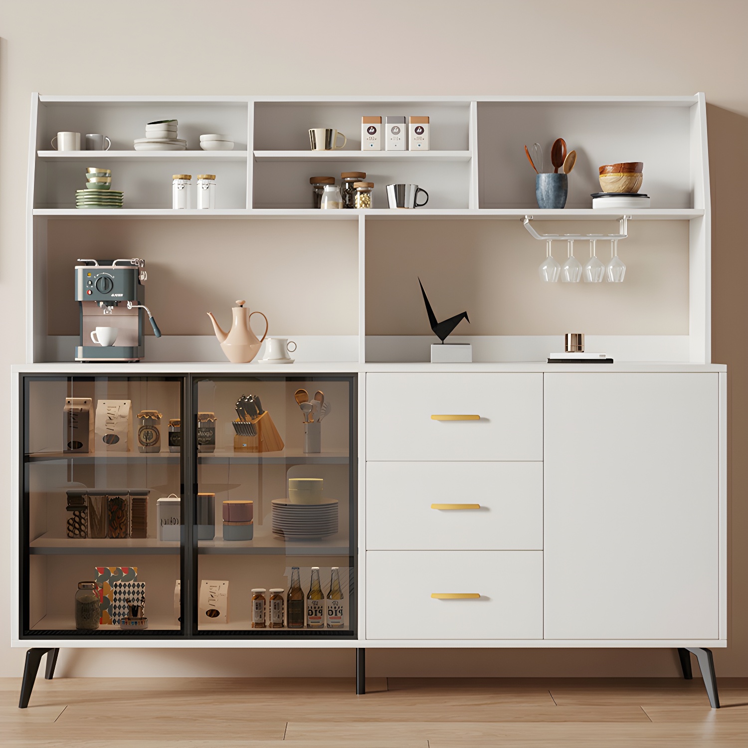 Glass Door Modern Wooden Kitchen Sideboard with Adjustable Shelving - image 16