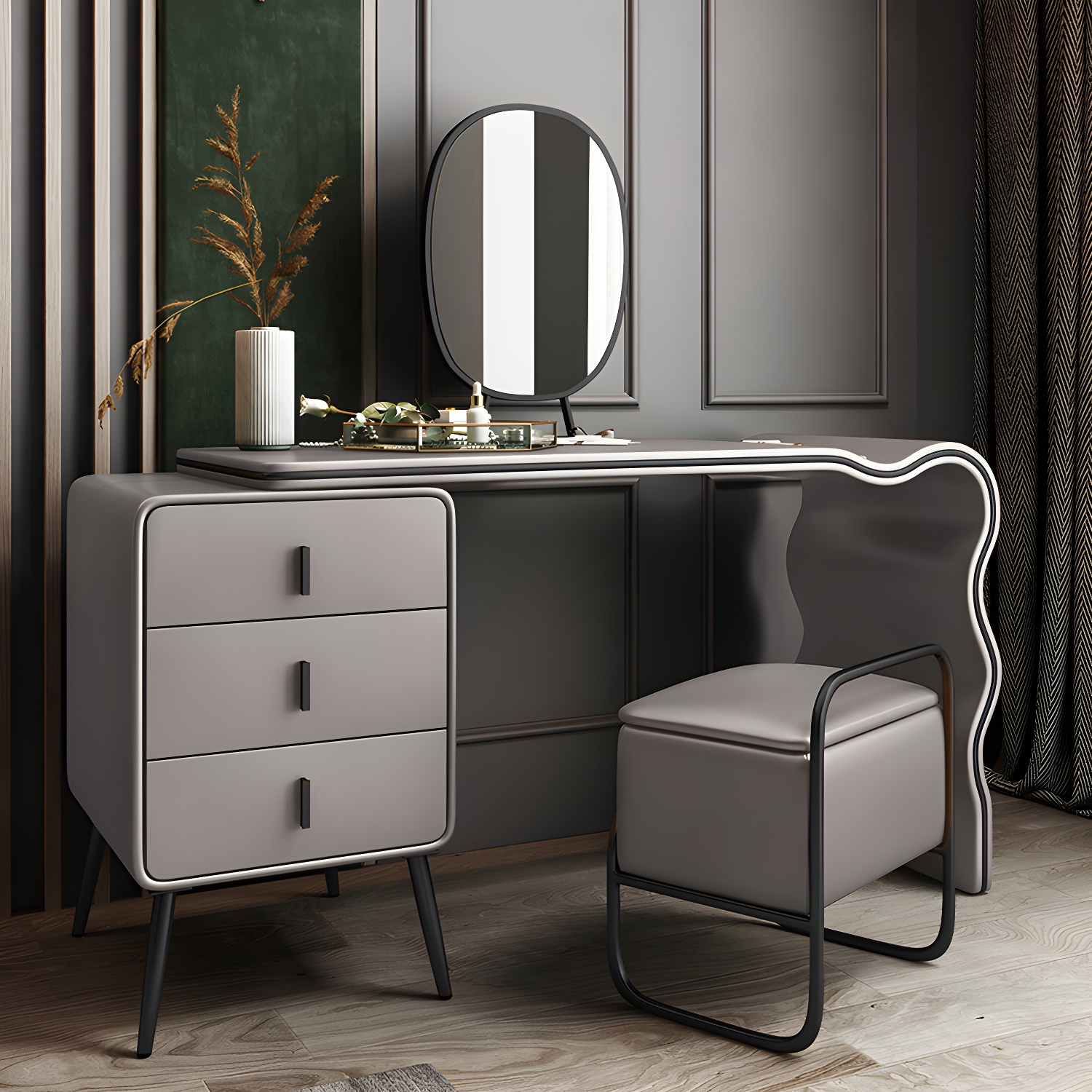 3 Drawers Make-up Vanity Set, 28.74" H Leather Vanity with Stool & Mirror - image 11