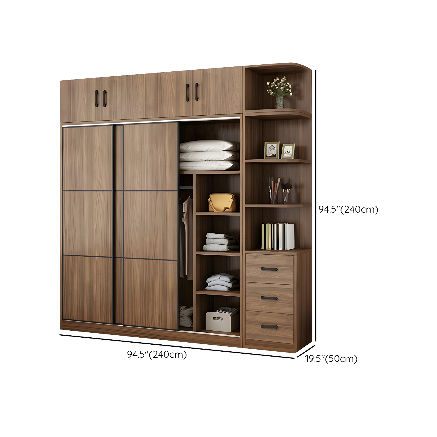 Non-Adjustable Traditional Brown Wood Wardrobe Armoire with Sliding Doors & Soft Close Drawers - image 32