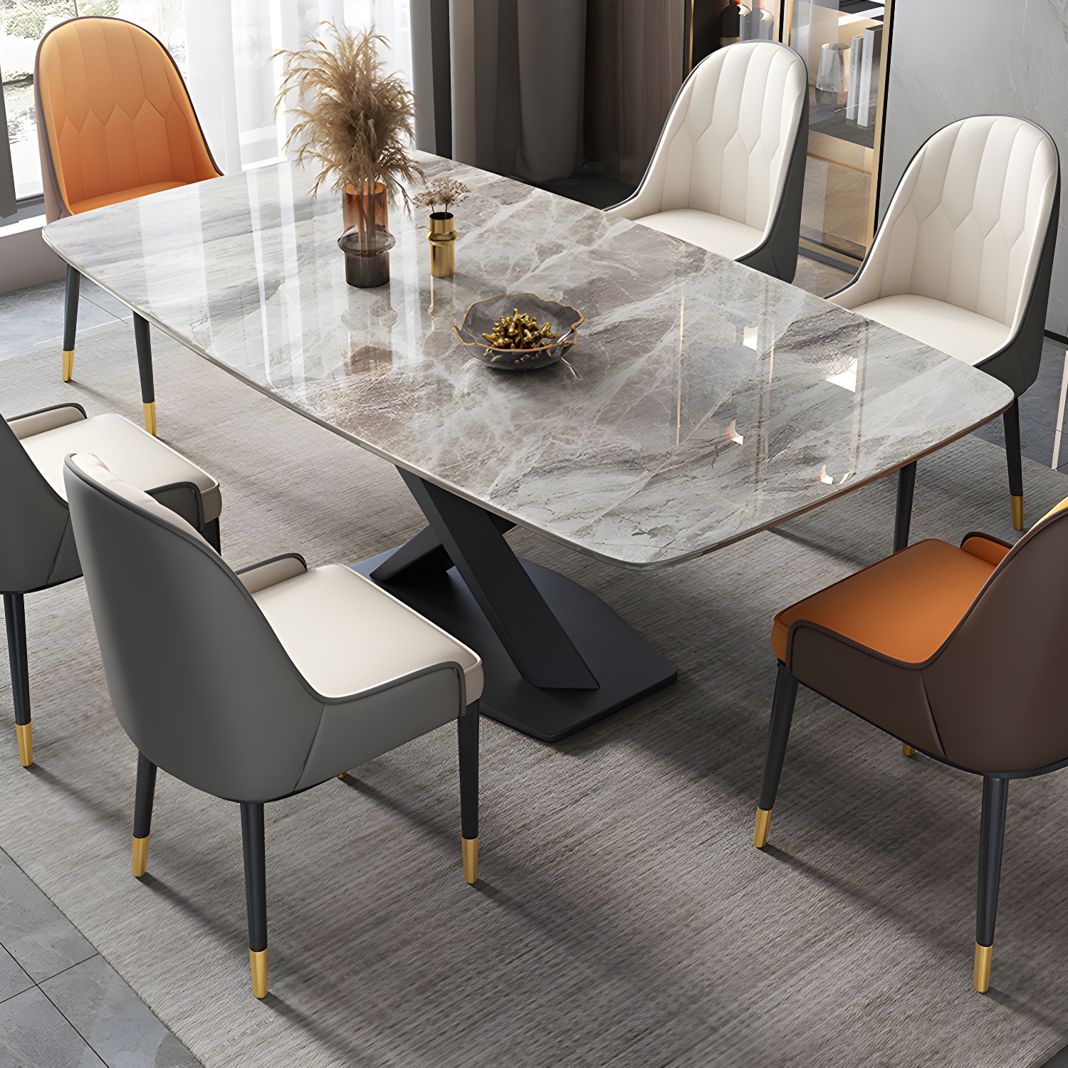 Modern 5/7-Piece Dining Set with Upholstered Chairs in Beige and Slate Table Top