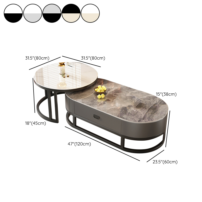 Set of 2 Modern Nesting Stone Coffee Tables with Metal Frame and Drawers - image 18