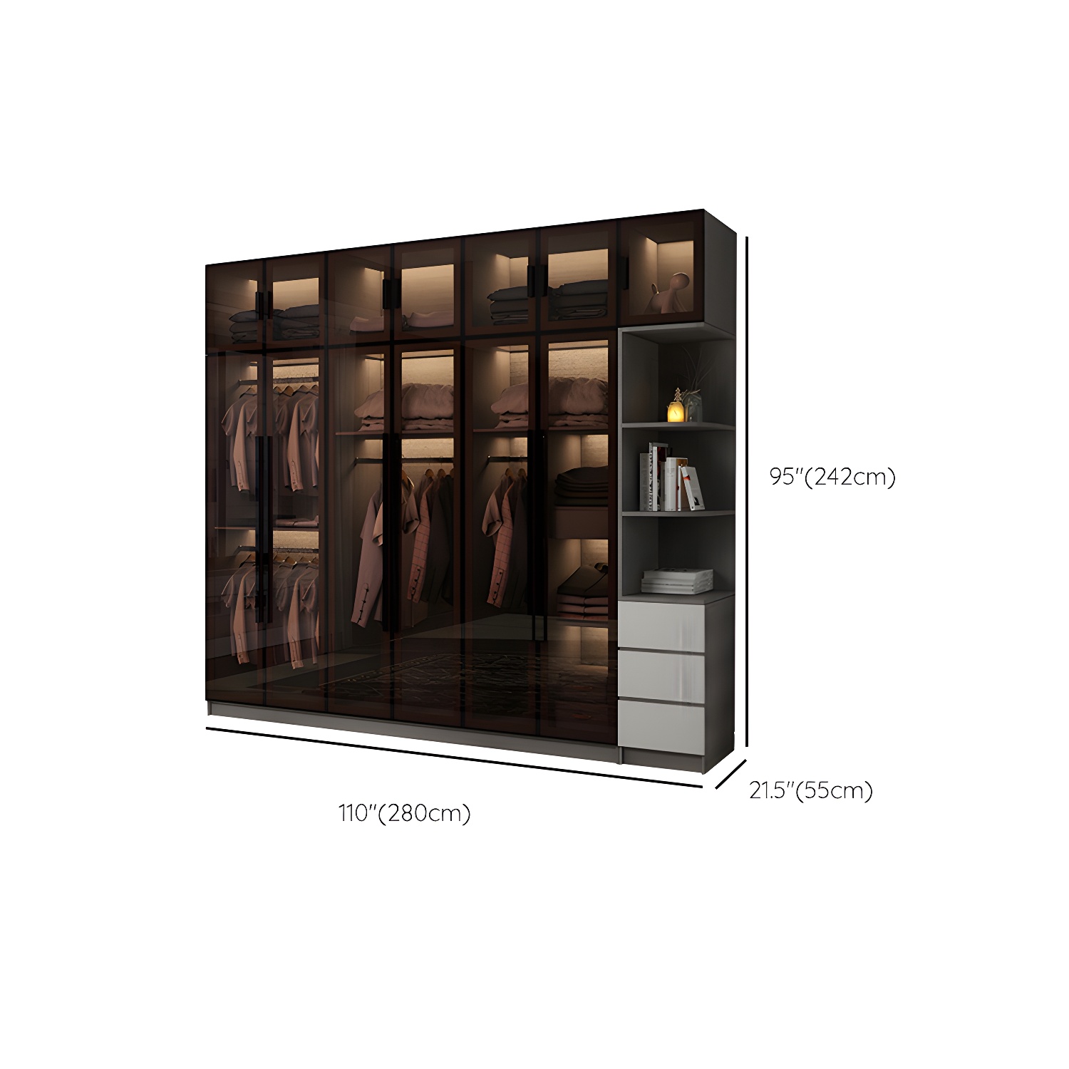 Modern Glass Hinged Doors Wardrobe Armoire Wood Frame Wardrobe with Shelves without Light - image 34