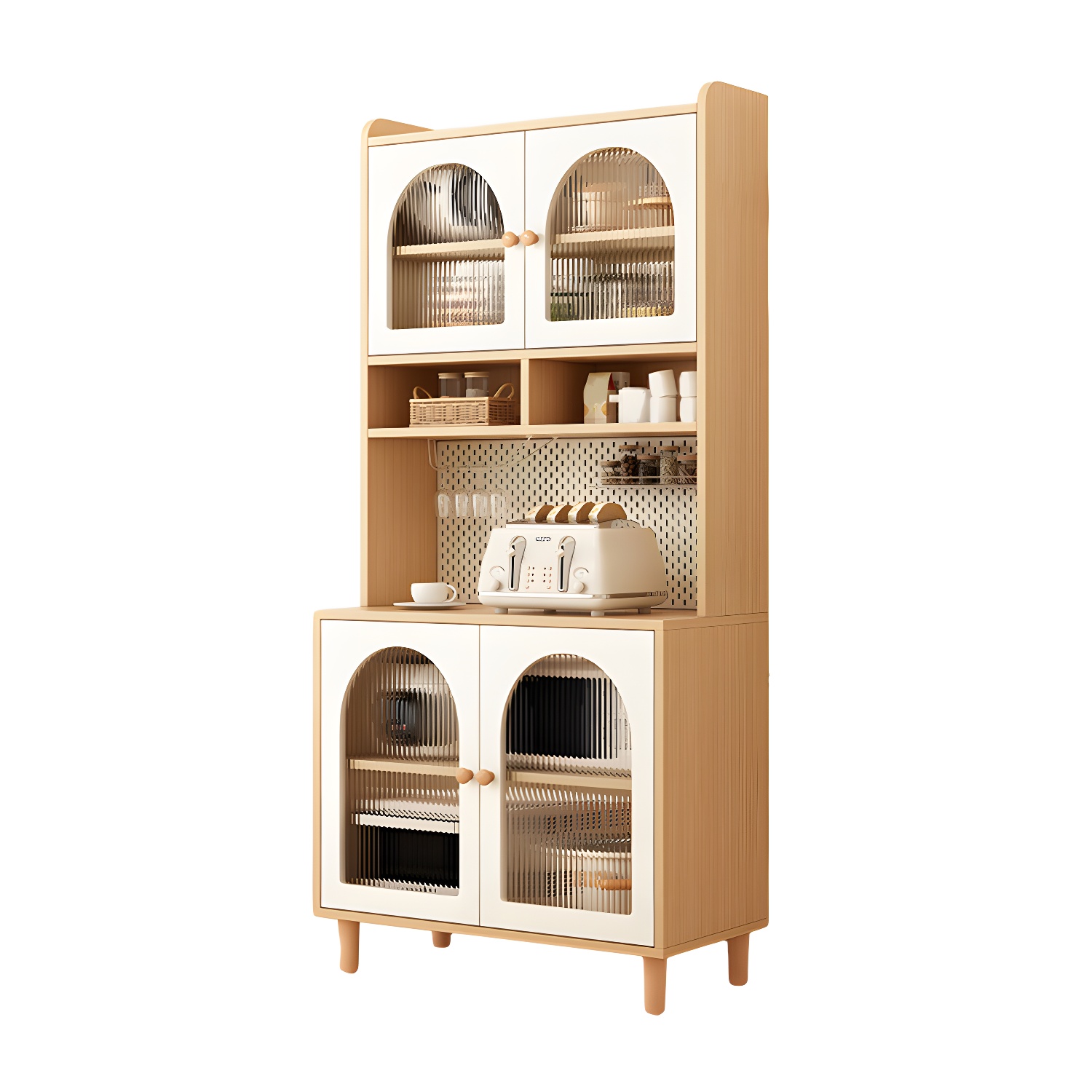 Scandinavian Wood Buffet 3 Cabinet Doors with Glass Interior Shelves