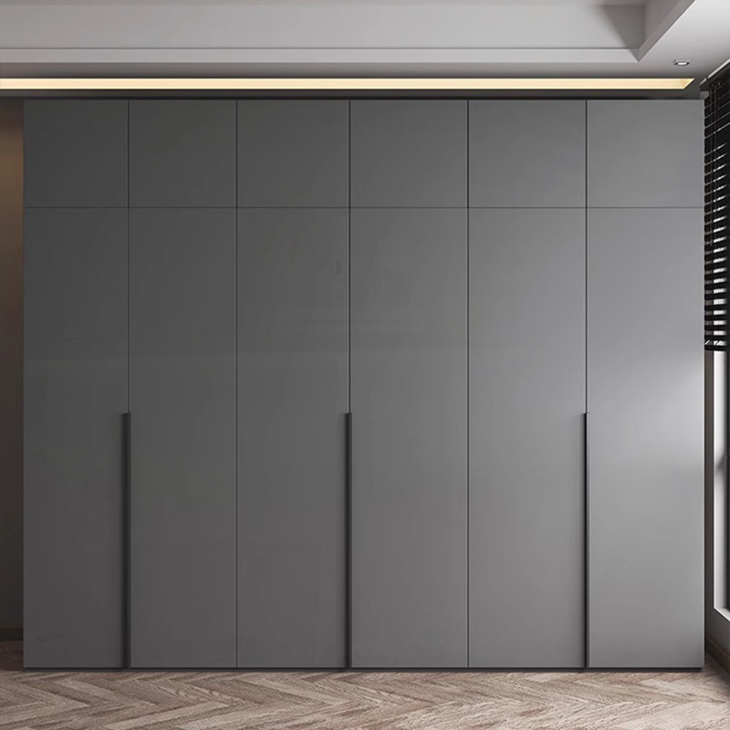 Storm Gray Minimalist Wood Cabinet Armoire with Compartments, Interior Shelves, and Clothing Rod