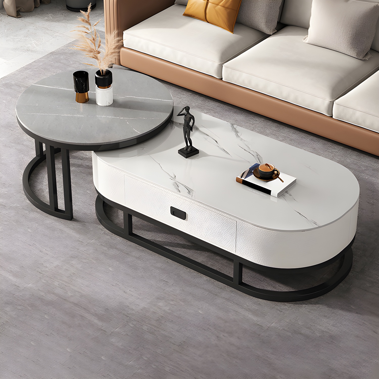 Slate Coffee Table Oval Nesting Coffee Table Set with Metal Legs - image 5