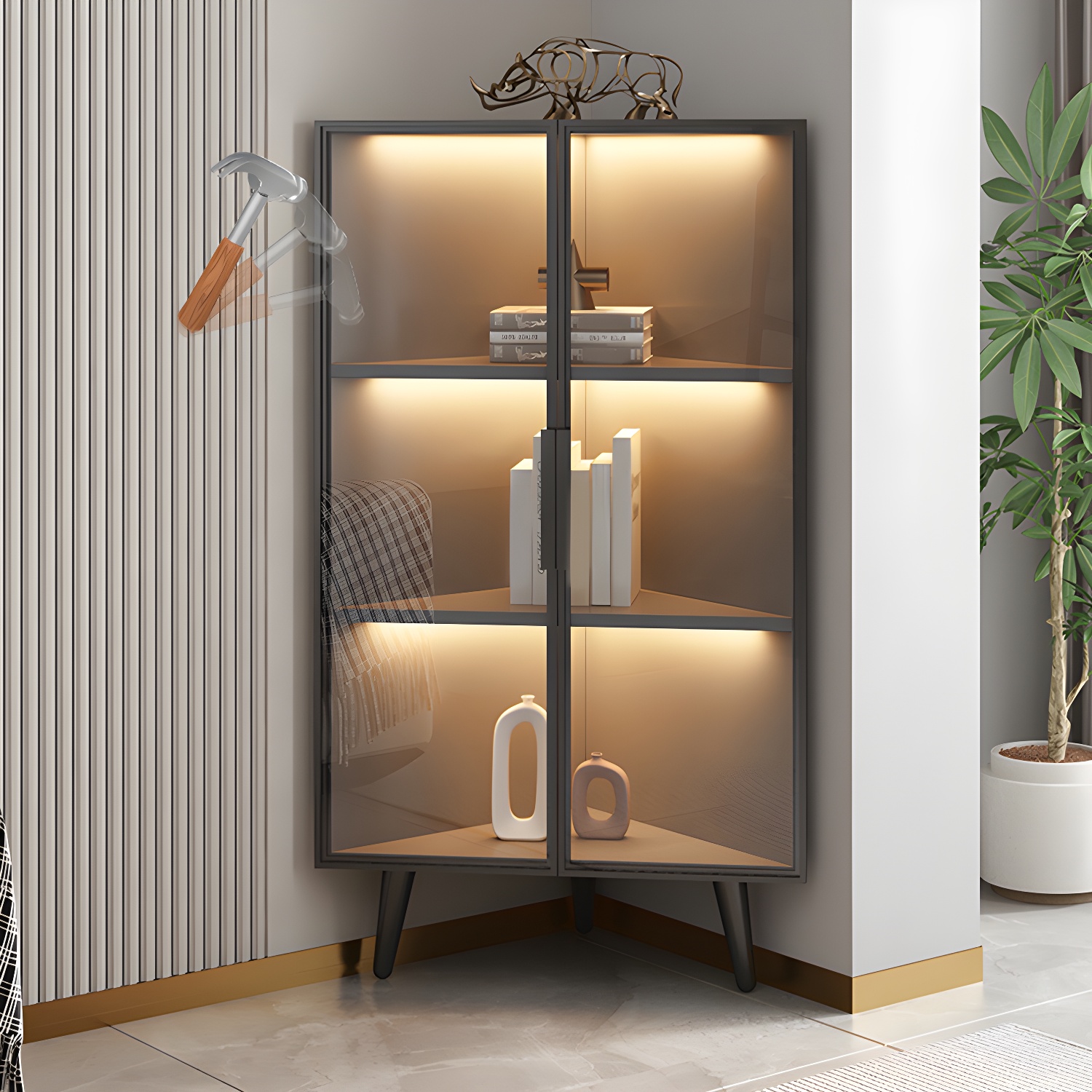 Corner Modern Accent Cabinet with Black Metal Base and Glass Doors, Black Wood Counter Top - image 3