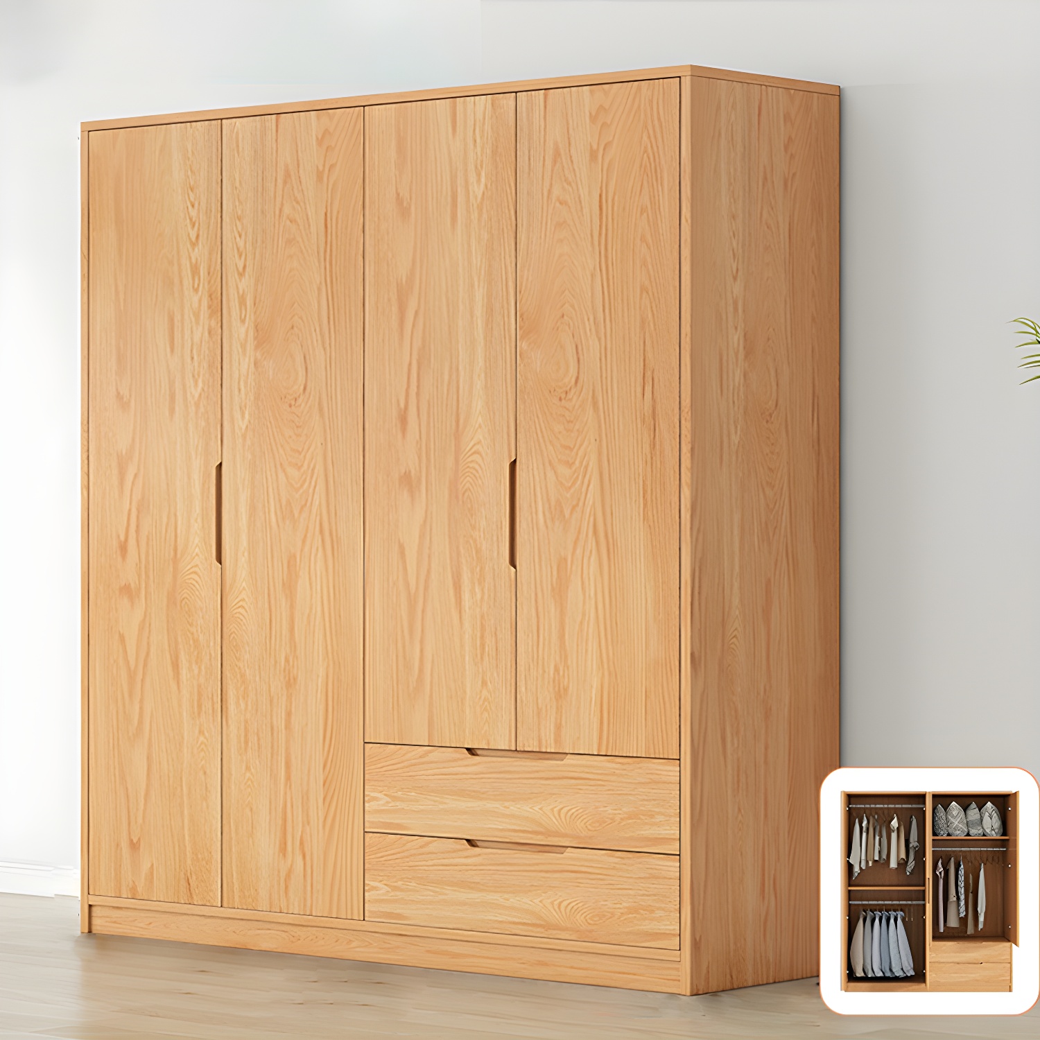 Modern Natural Wood Wardrobe Armoire with Sliding Doors, Drawers, and Shelves