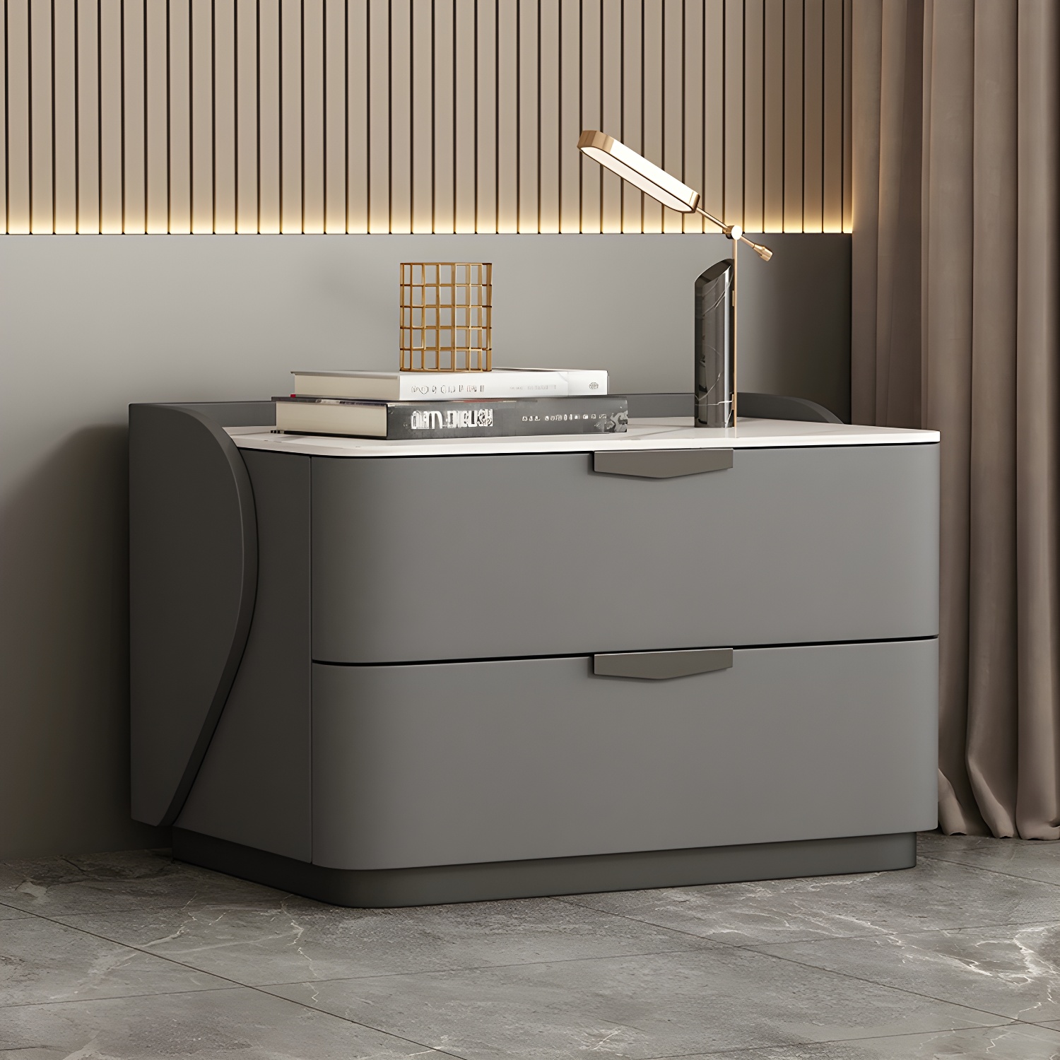 Modern Faux Leather Nightstand with Two Drawers in Light Wood - image 3