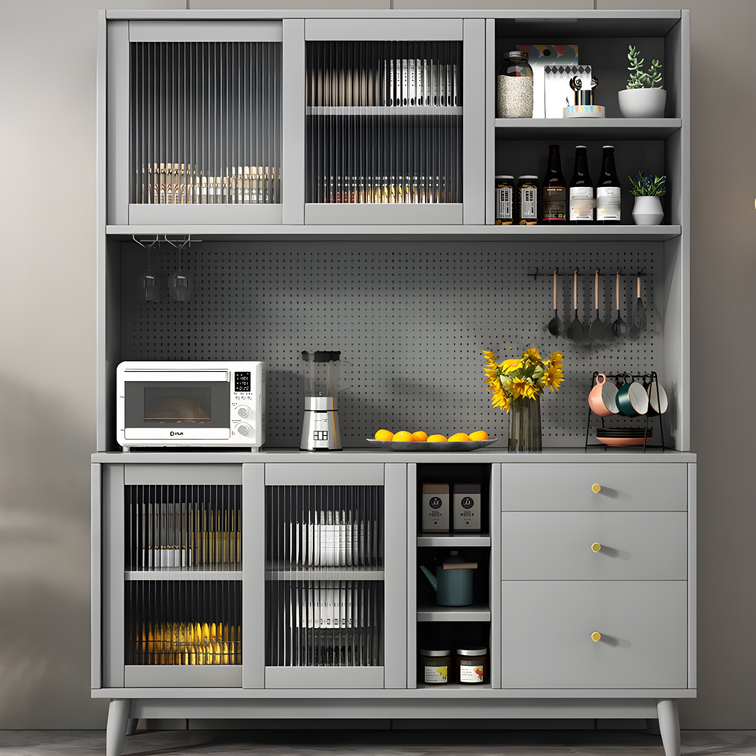 Modern Style Solid Wood Storage Sideboard Cabinet with Glass Doors and Drawers