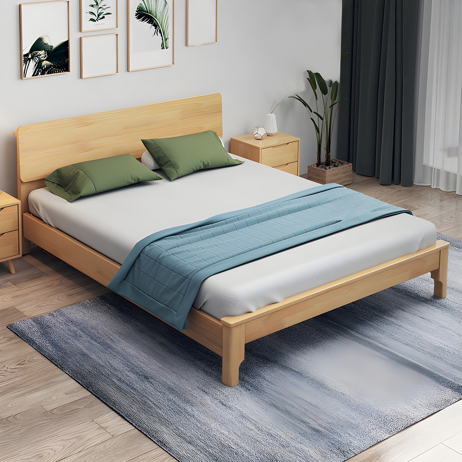 Scandinavian Solid Wood Bed with Rectangle Headboard and 4 Legs - image 3