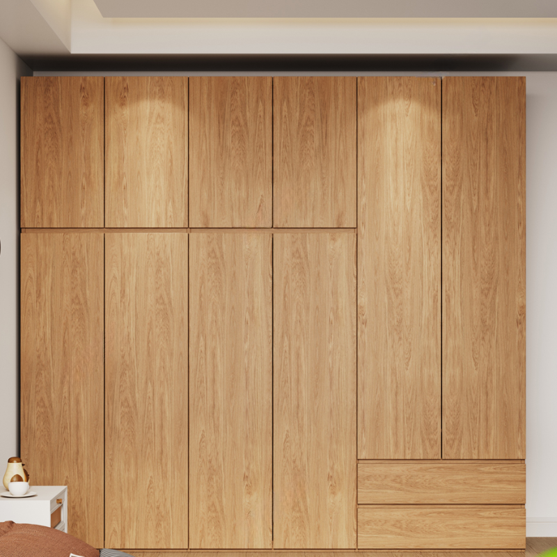 Wood Grain Minimalist Manufactured Wood Wardrobe Closet with 2 Drawers, Soft Close Door, Interior Shelves, and Clothing Rod