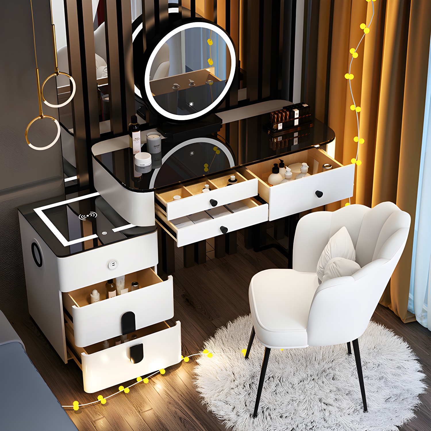 Lighted Mirror Wood Makeup Dressing Table Stool Set in Black/ White - image 2