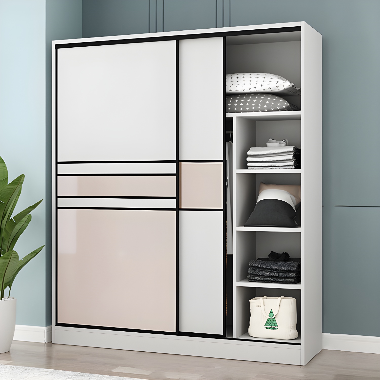 Modern White Wood Wardrobe Armoire with Clothing Rod and Sliding Cabinet Doors