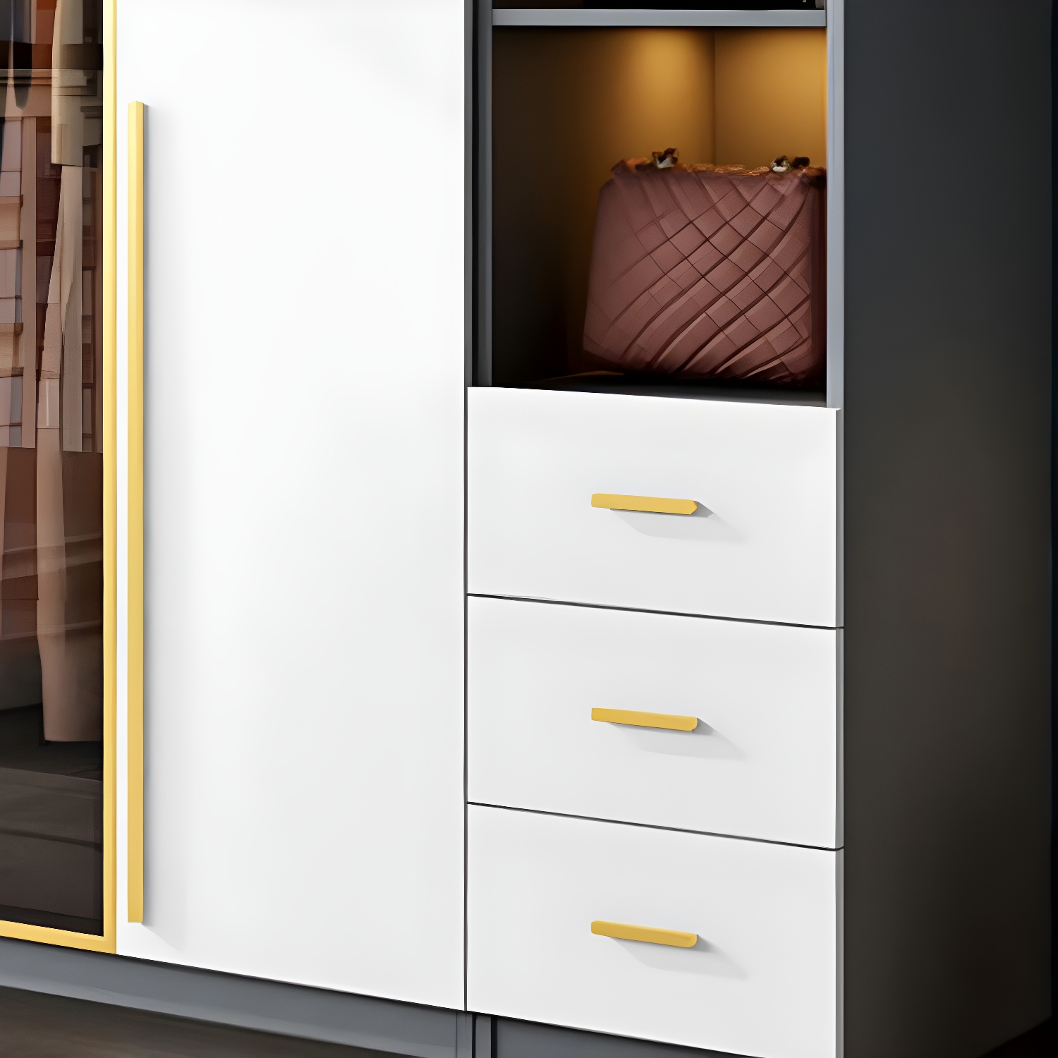 Contemporary Color Block Glass Doors Combination Armoire with Shelves Storage - image 6