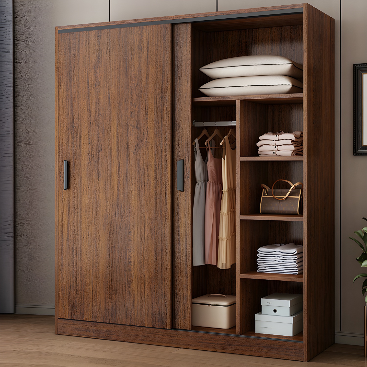 Contemporary Brown Wood Wardrobe Armoire with Clothing Rod & Shelves - image 3
