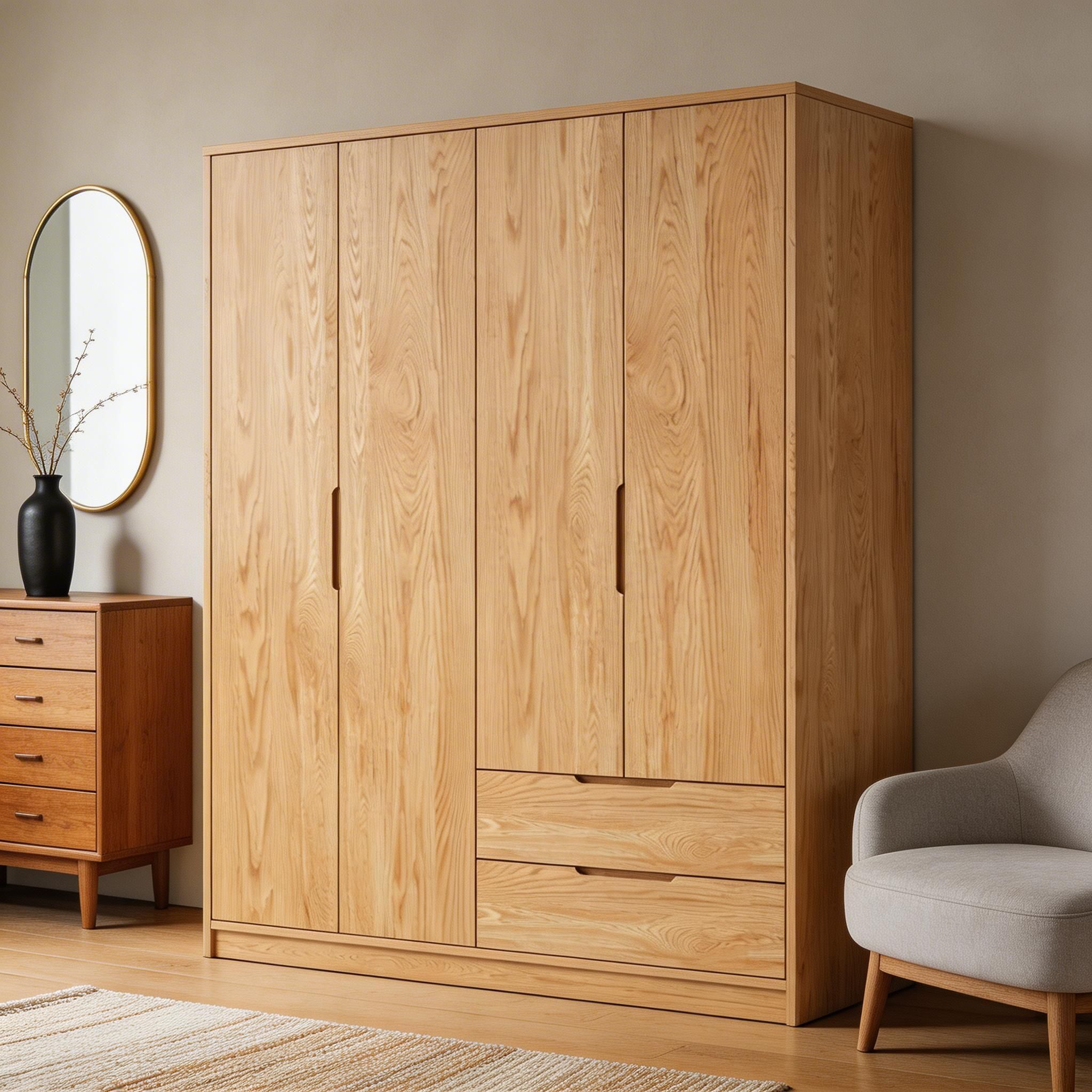 Modern Natural Wood Wardrobe Armoire with Sliding Doors, Drawers, and Shelves - image 40