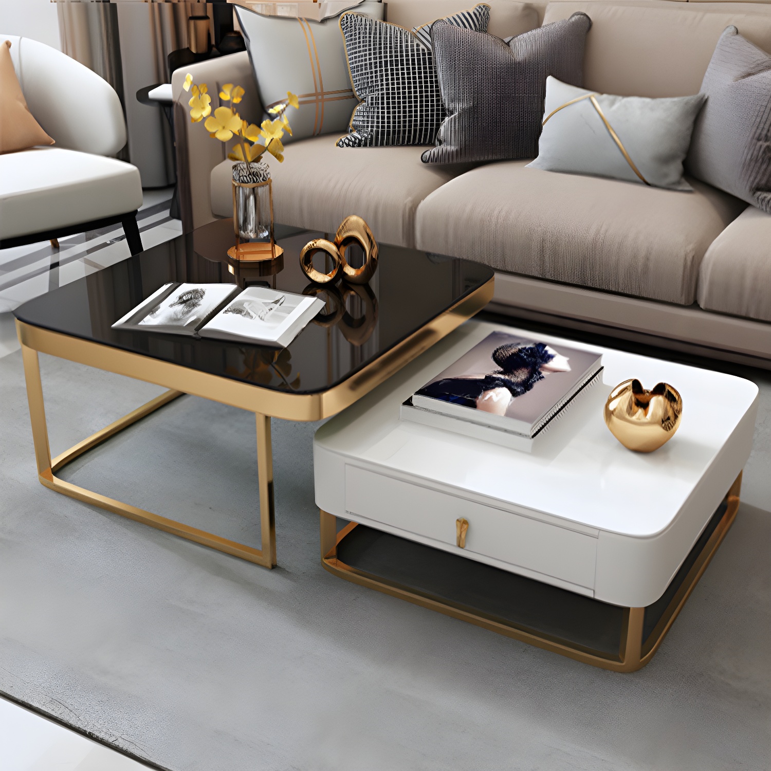 Glam Style Square Coffee Table with Drawer in Metal Frame Base