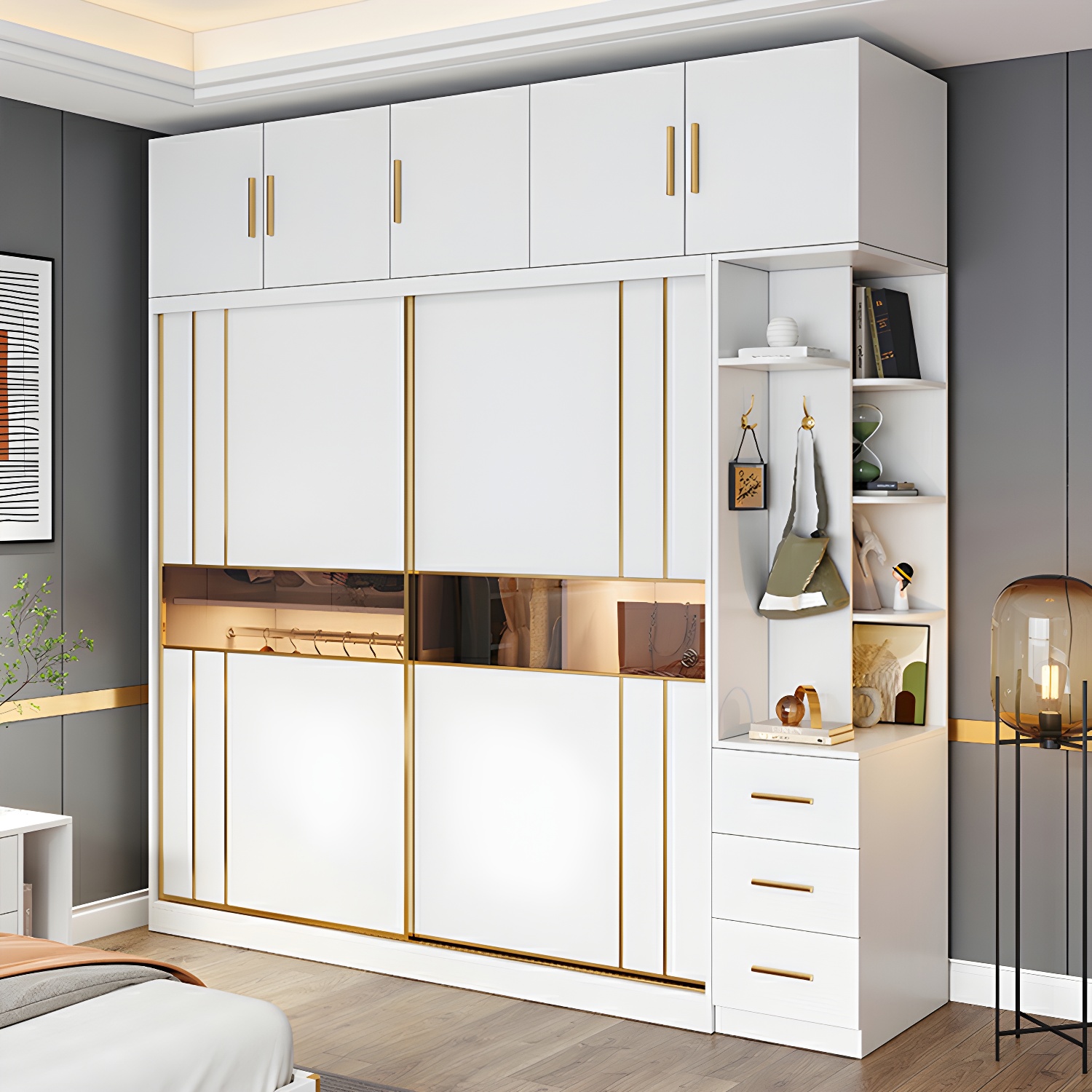 Modern White Wardrobe Armoire with Mirror, Drawers & Clothing Rod