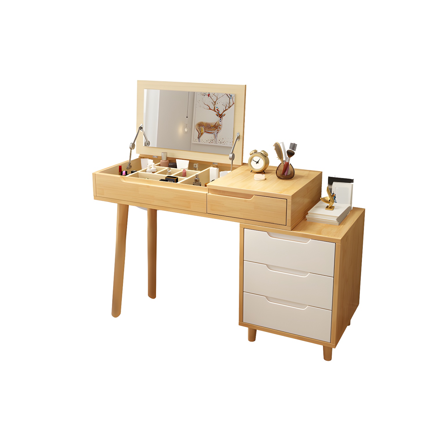 Solid Wood 1/4-Drawer Vanity Makeup Table with Mirror and Stool - 17.72" D