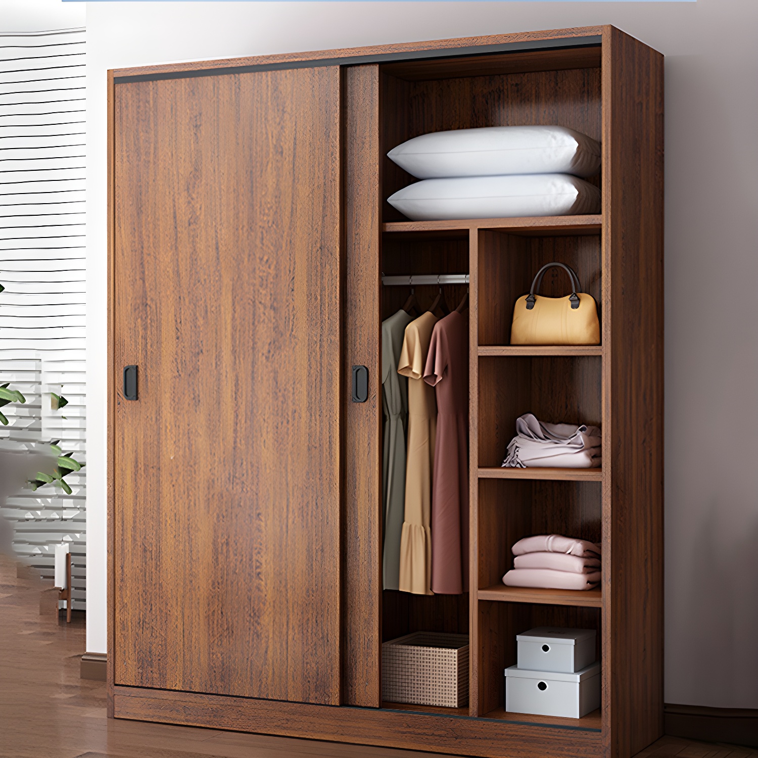 Modern Sliding Doors Wardrobe Wood Frame Freestanding Wardrobe Armoire - image 5