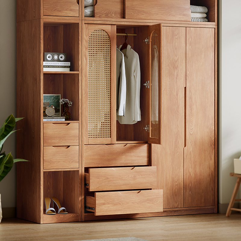 Unfinished Color Simple Oak Wood Wardrobe with Soft Close Drawer, Soft Close Door, Interior Shelves, and Clothing Rod