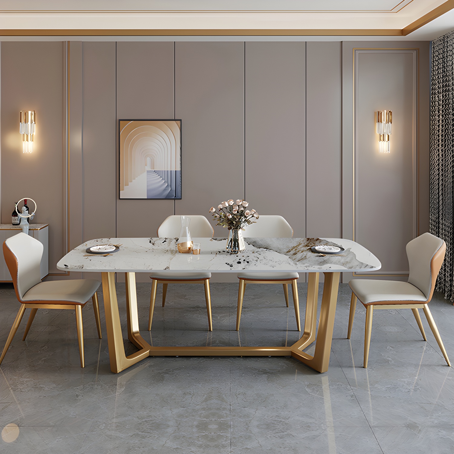 Glam 1/2/7 Pieces Dining Table Set with Sintered Stone Top Stainless Steel Dinette Set