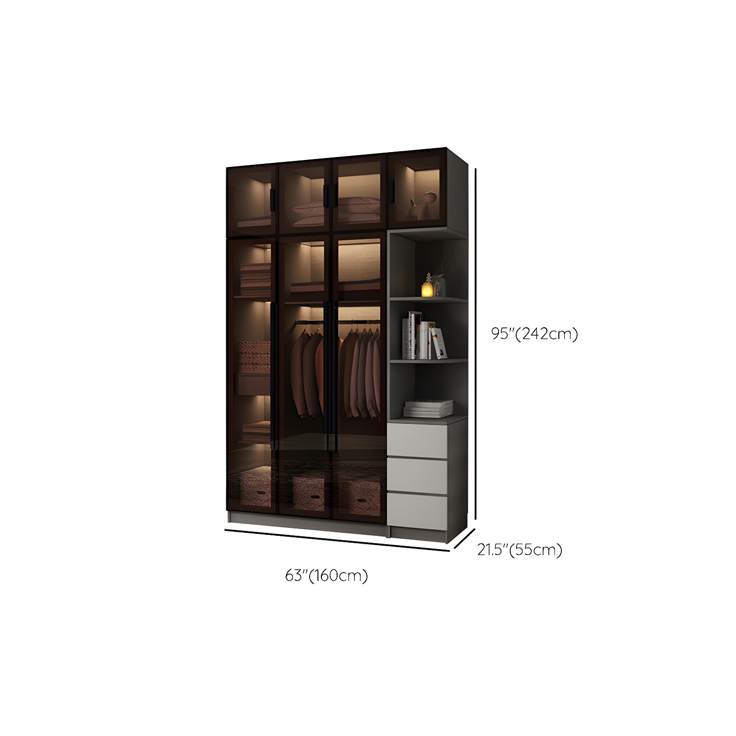 Modern Glass Hinged Doors Wardrobe Armoire Wood Frame Wardrobe with Shelves without Light - image 31