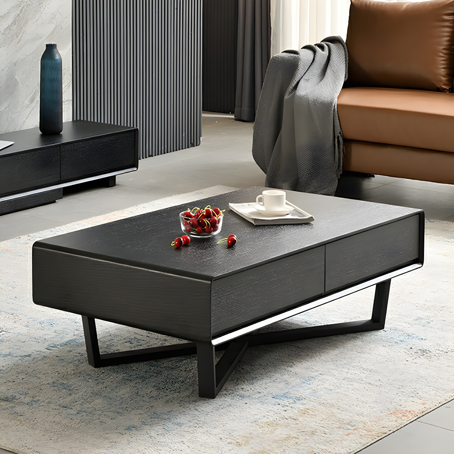 Rectangular Wood Modern Coffee Table with Black Metal Cross Legs and Storage Drawers - image 17