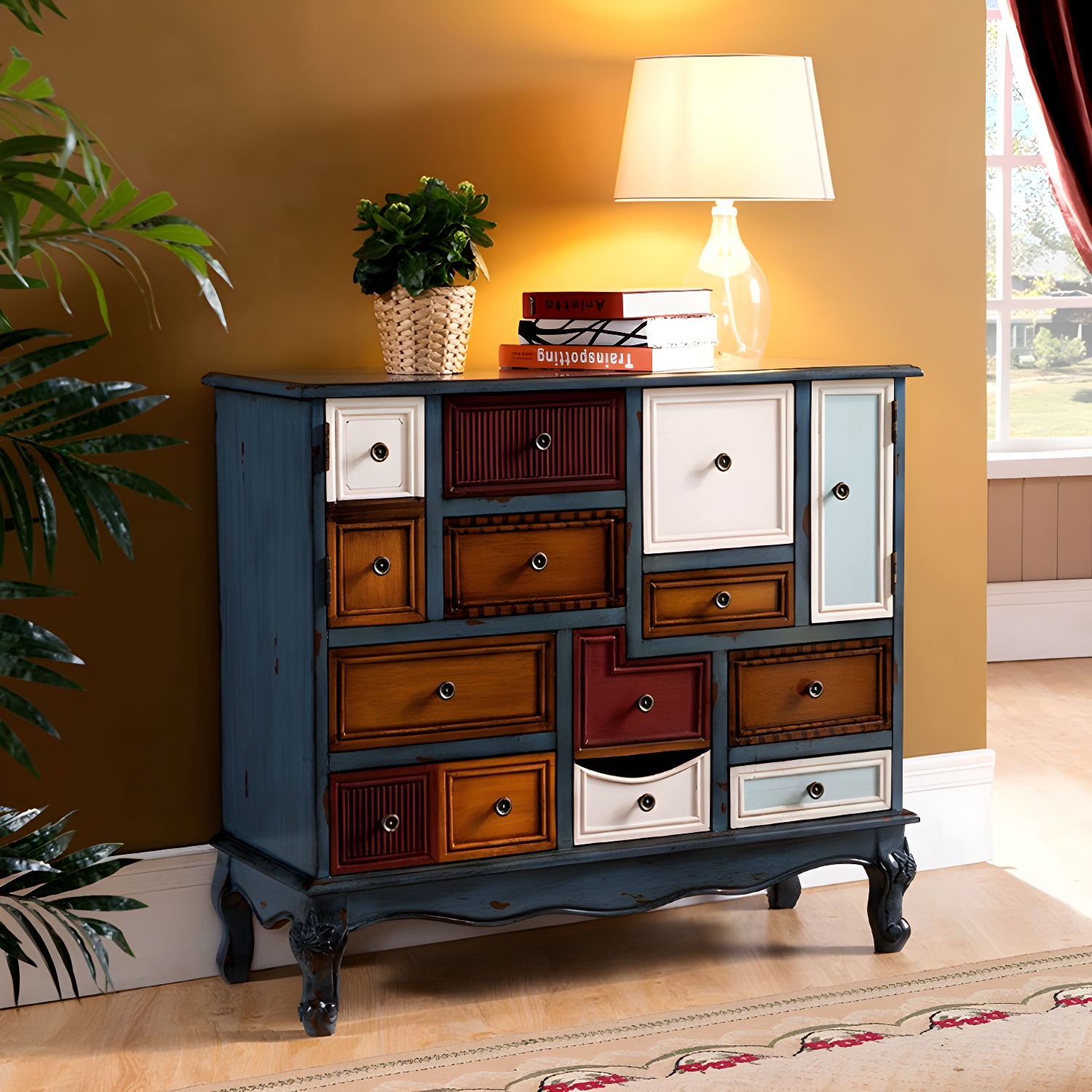Industrial Painted Accent Cabinet with Drawers Solid Wood Chest - image 5