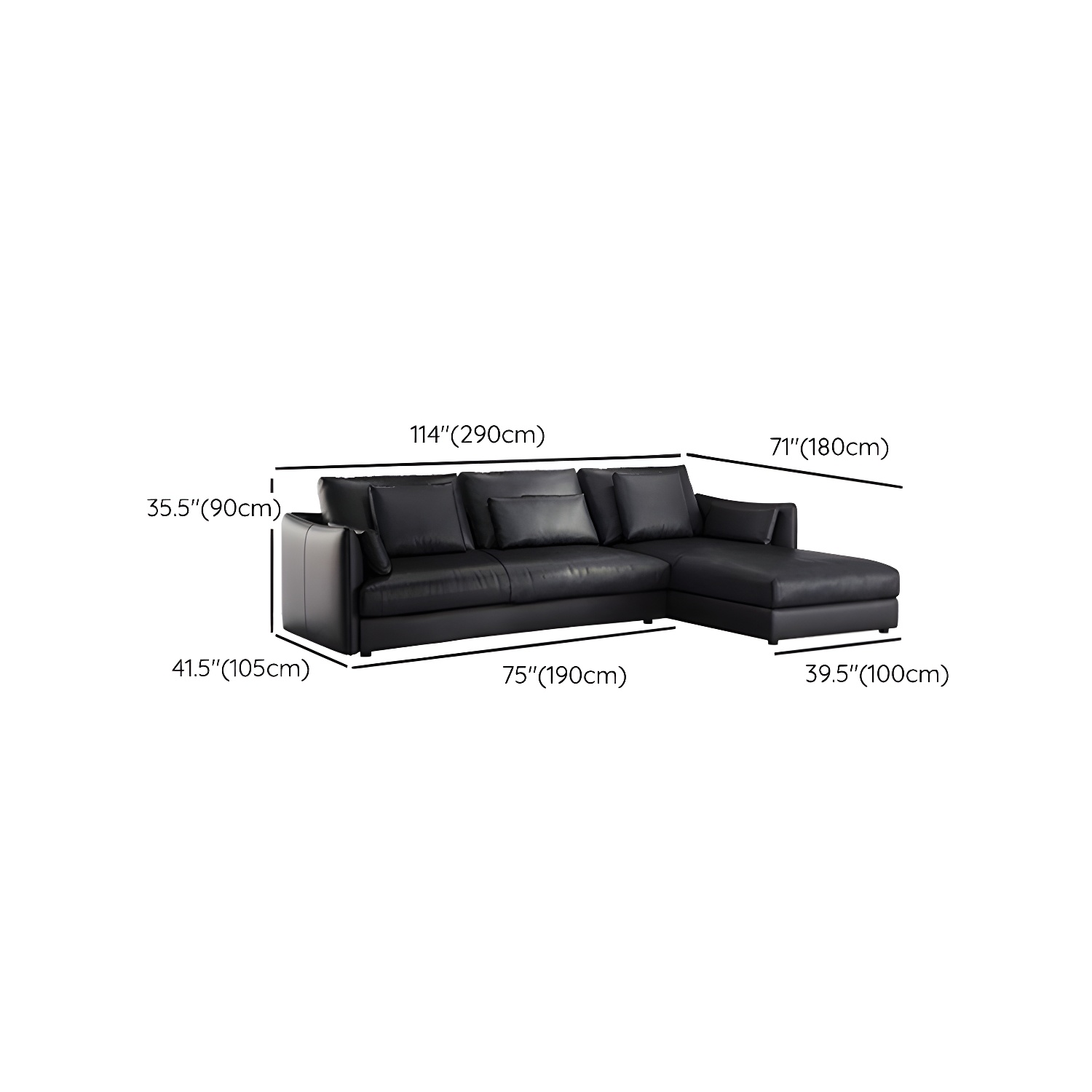 Modern Genuine Leather Sectional Sofa in Black with Recessed Arm - image 19