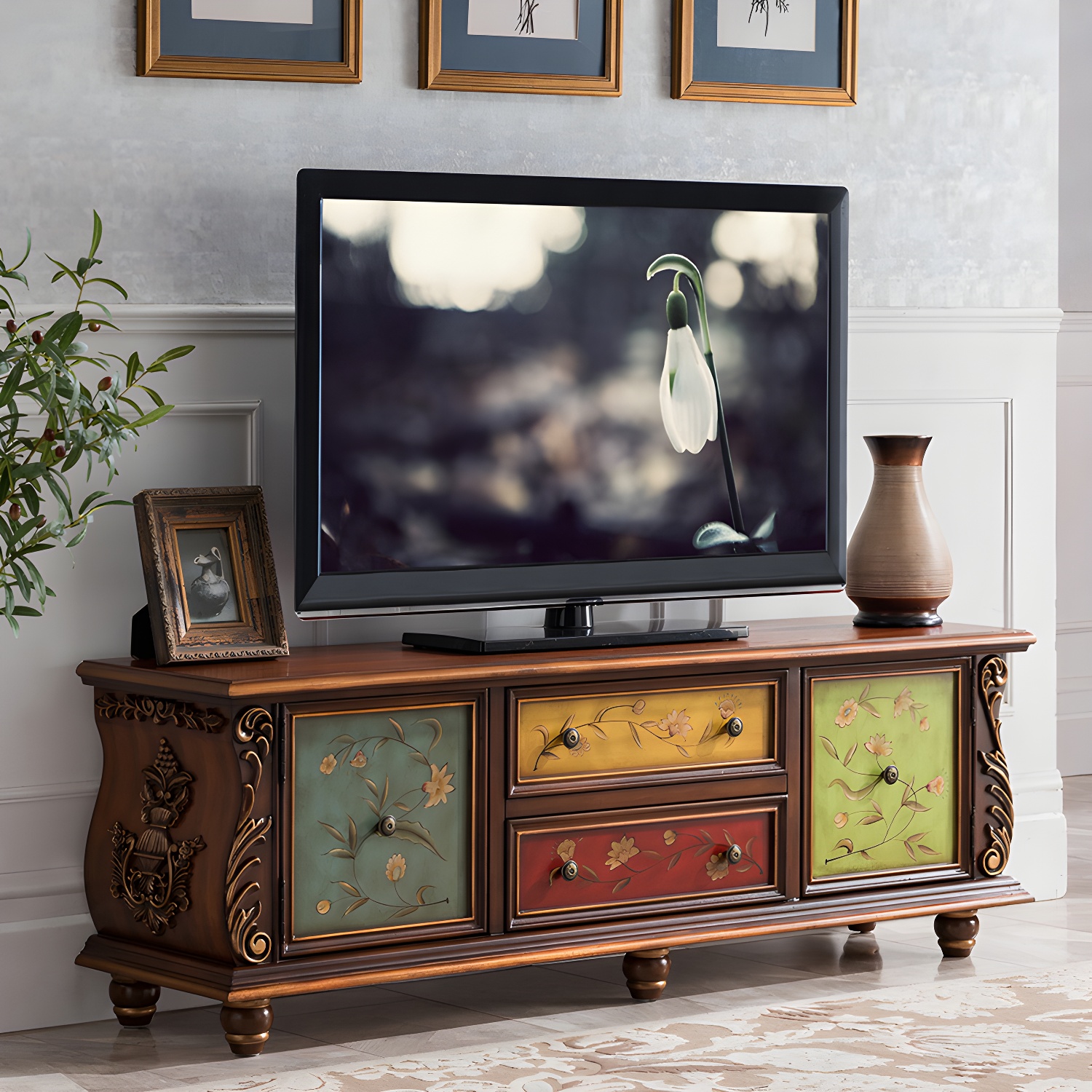 Traditional Rubberwood Media Console Matte Finish TV Media Stand with Drawers