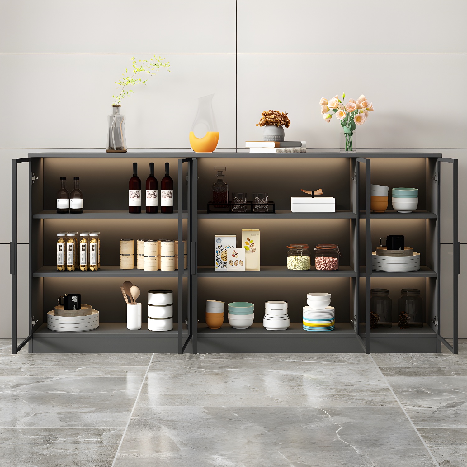 Black Modern Wood Sideboard Credenza with Glass Doors and Interior Shelves - image 2