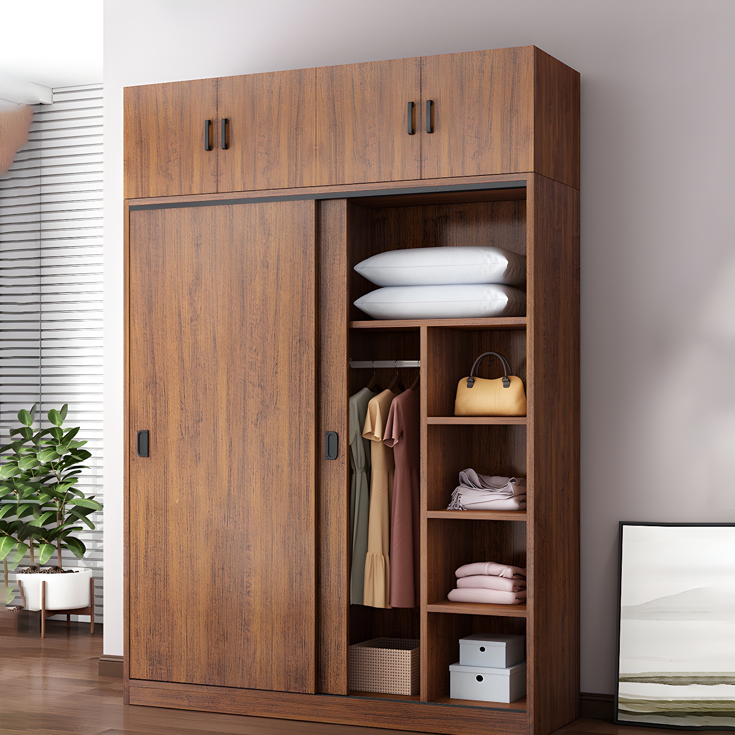 Non-Adjustable Traditional Brown Wood Wardrobe Armoire with Sliding Doors and Soft Close Drawers