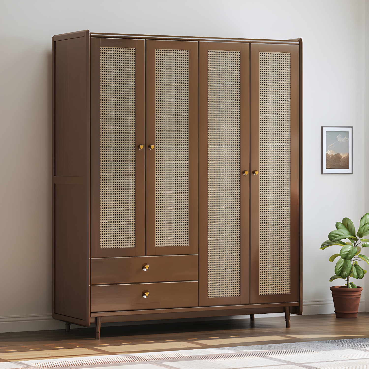 Rubberwood Solid Wood Frame Wardrobe Modern Rattan Hinged Doors with Legs - image 5