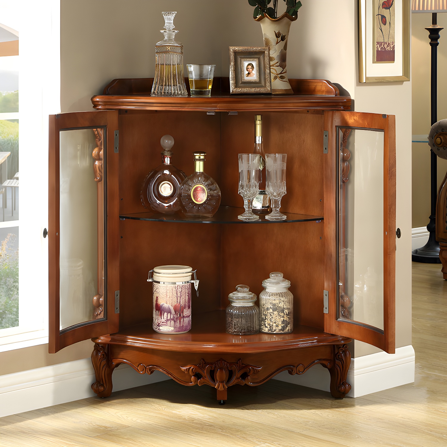Corner Mid-Century Modern Accent Cabinet with Wood Counter Top and 3 Shelves - image 7