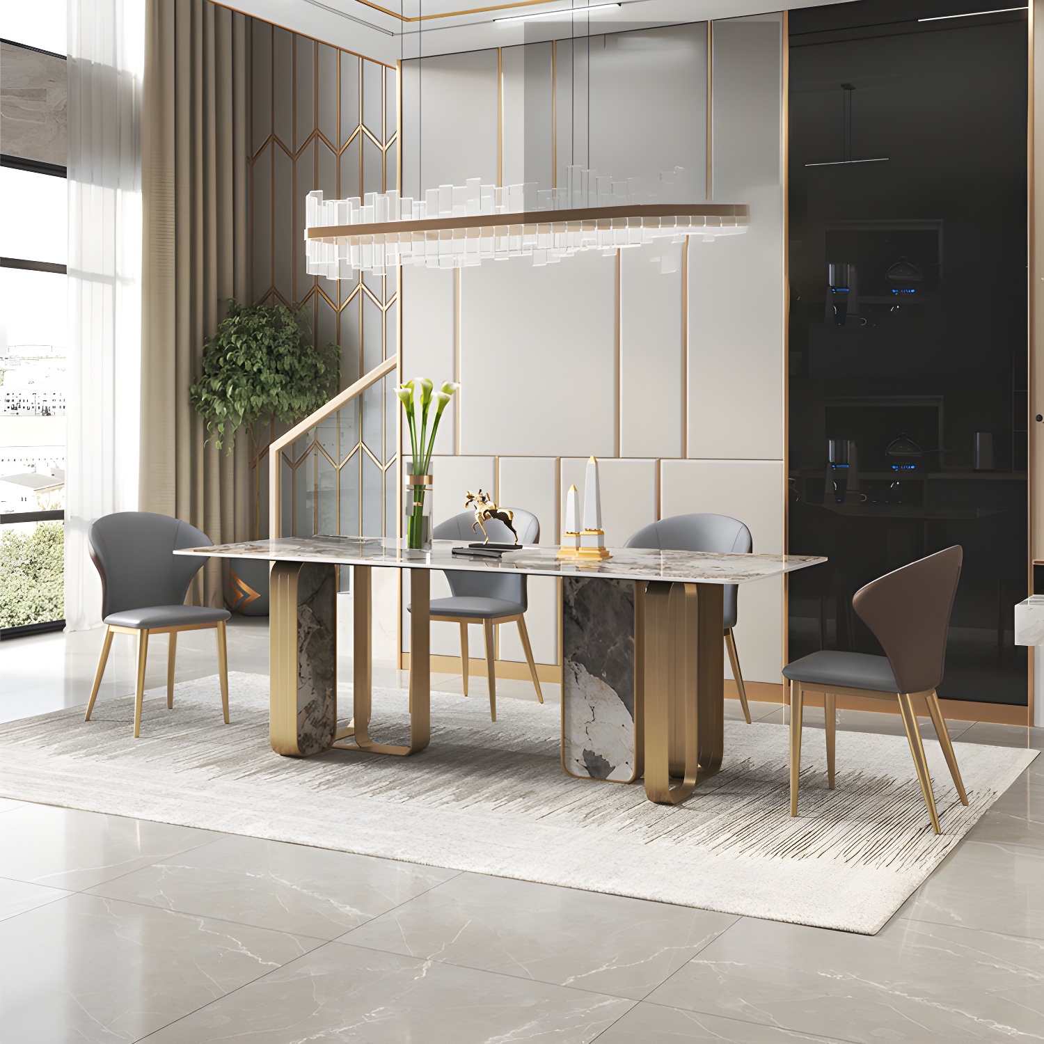Luxury 1/2/3/5/6/7/8/9 Pieces Dining Set with Stone Dining Table and Chairs Dinette Set