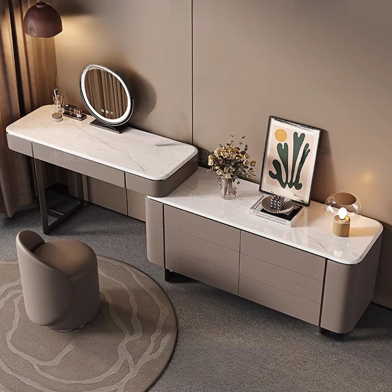 Vanity Set in Tan with 7 Drawers, Scalable and Push-Pull Features