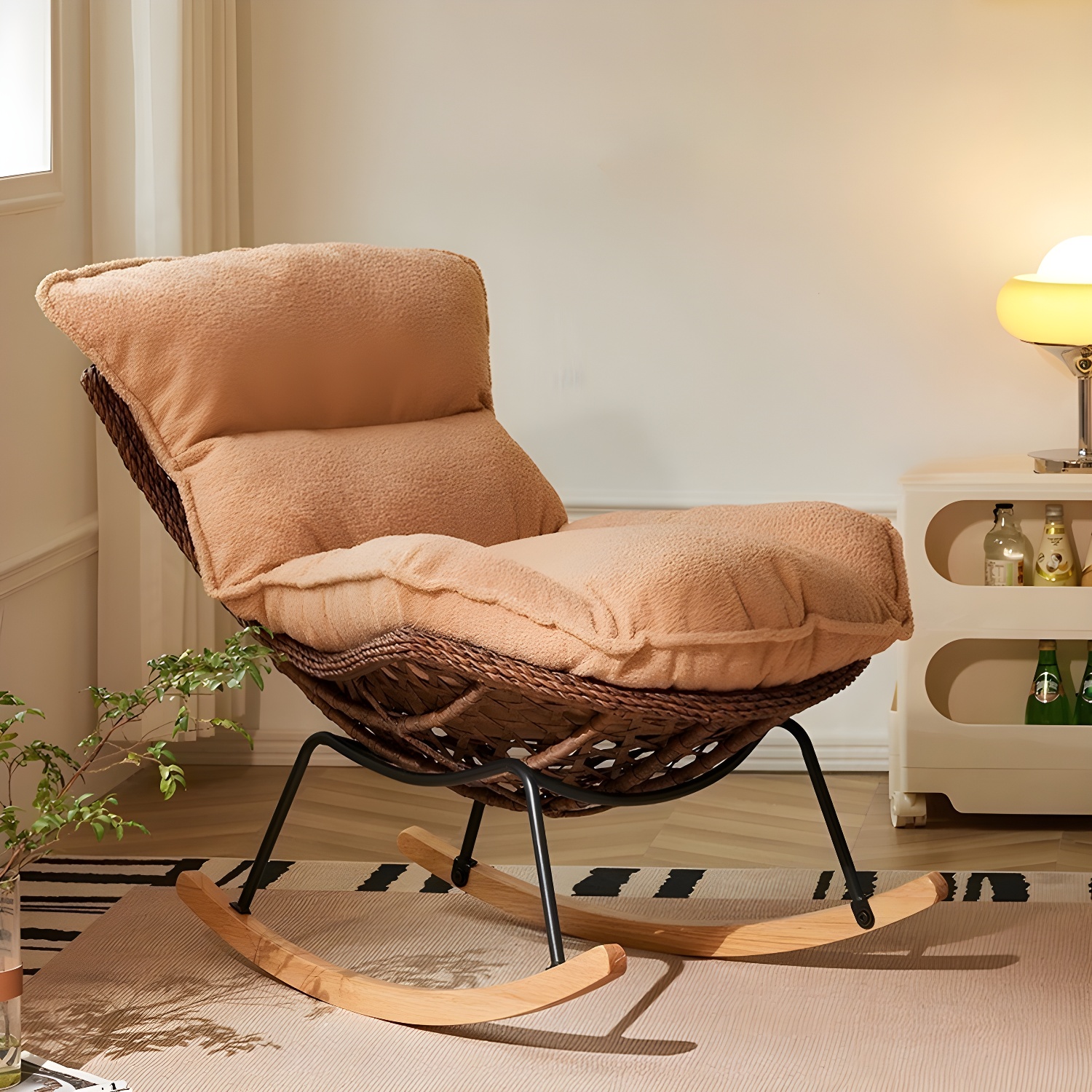 Traditional Armless Design Indoor Rocking Chair with rattan Frame and Nature Wood Legs