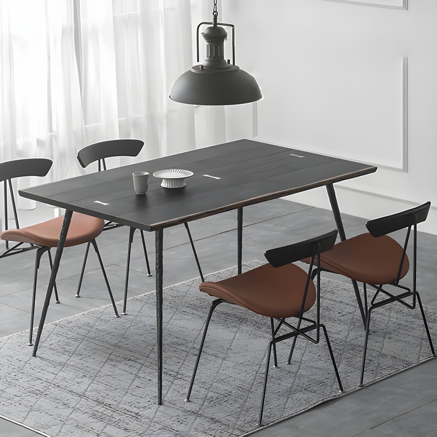 Black Oak Wood Dining Table Set 1/2/5 Pcs Industrial Metal Dinette Set for Home