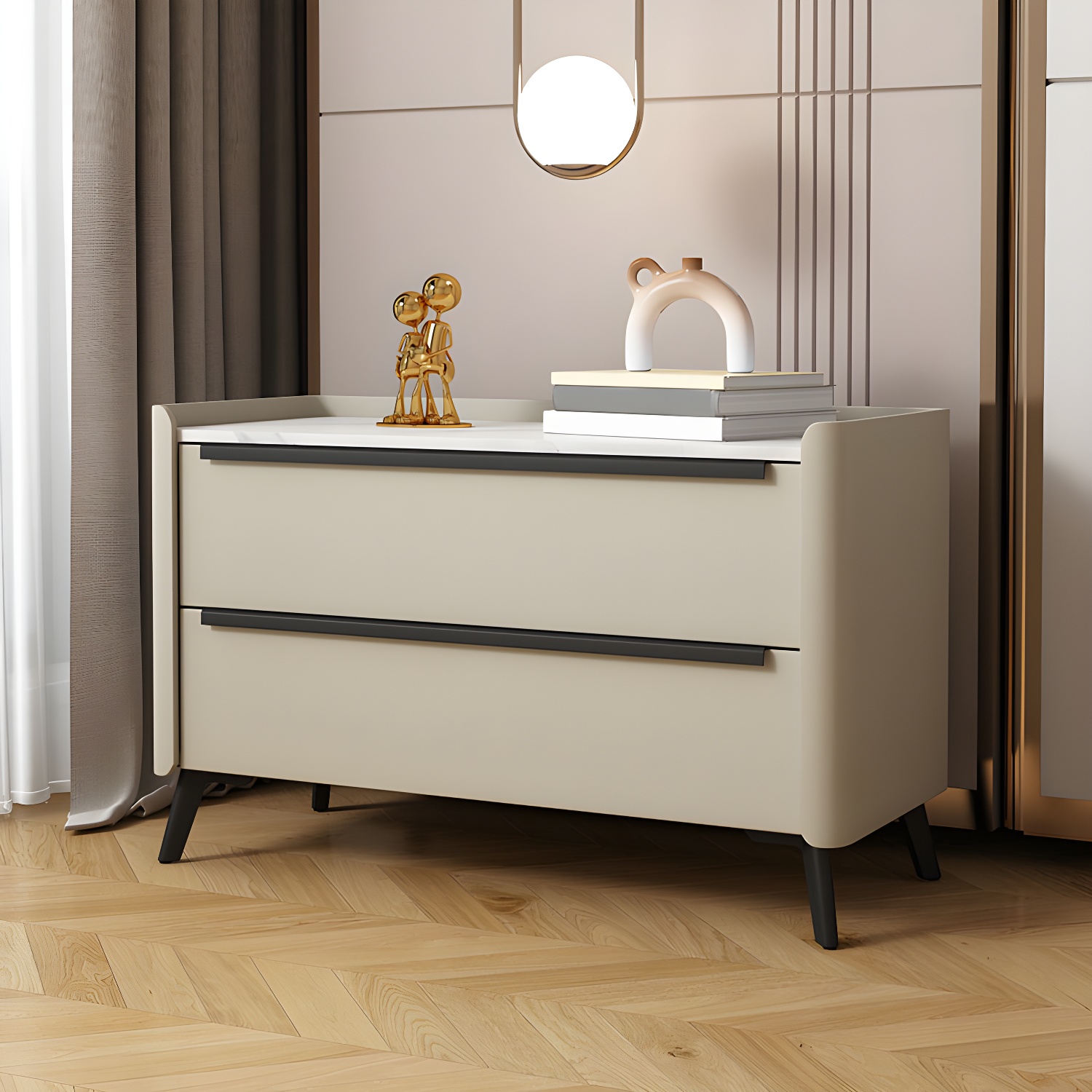 Modern Faux Leather Top Nightstand with Two Drawers and Stone Countertop