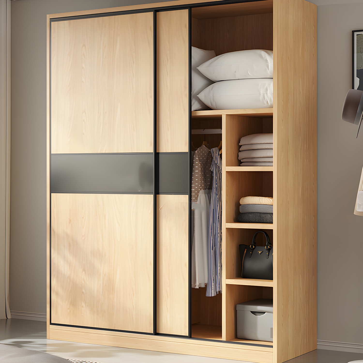 Light Wood Wardrobe Armoire with Sliding Doors, Clothing Rod, and Soft-Close Drawers - image 3