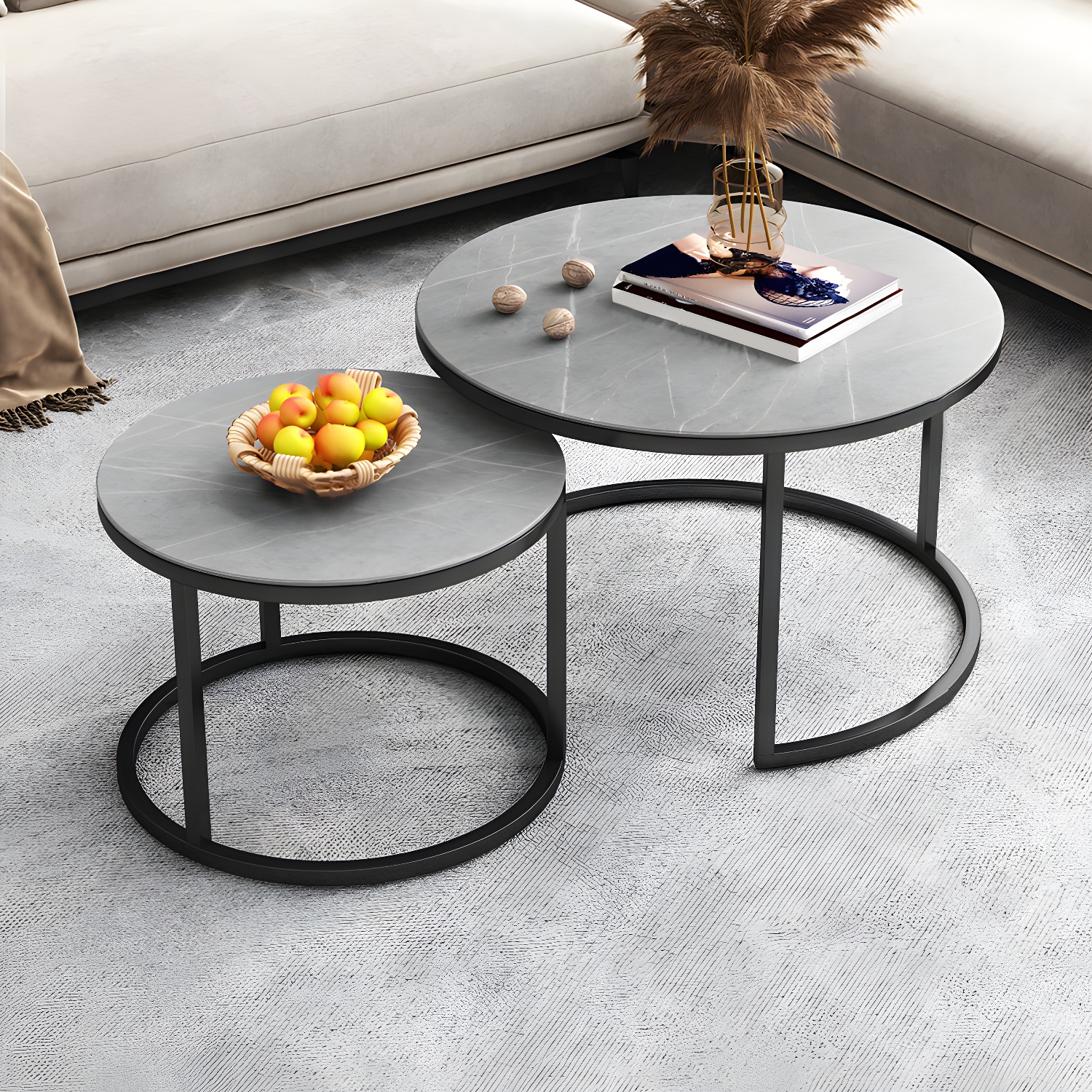 Modern Nesting Coffee Table Set Frame Round Coffee Table Set with Drawer - image 11