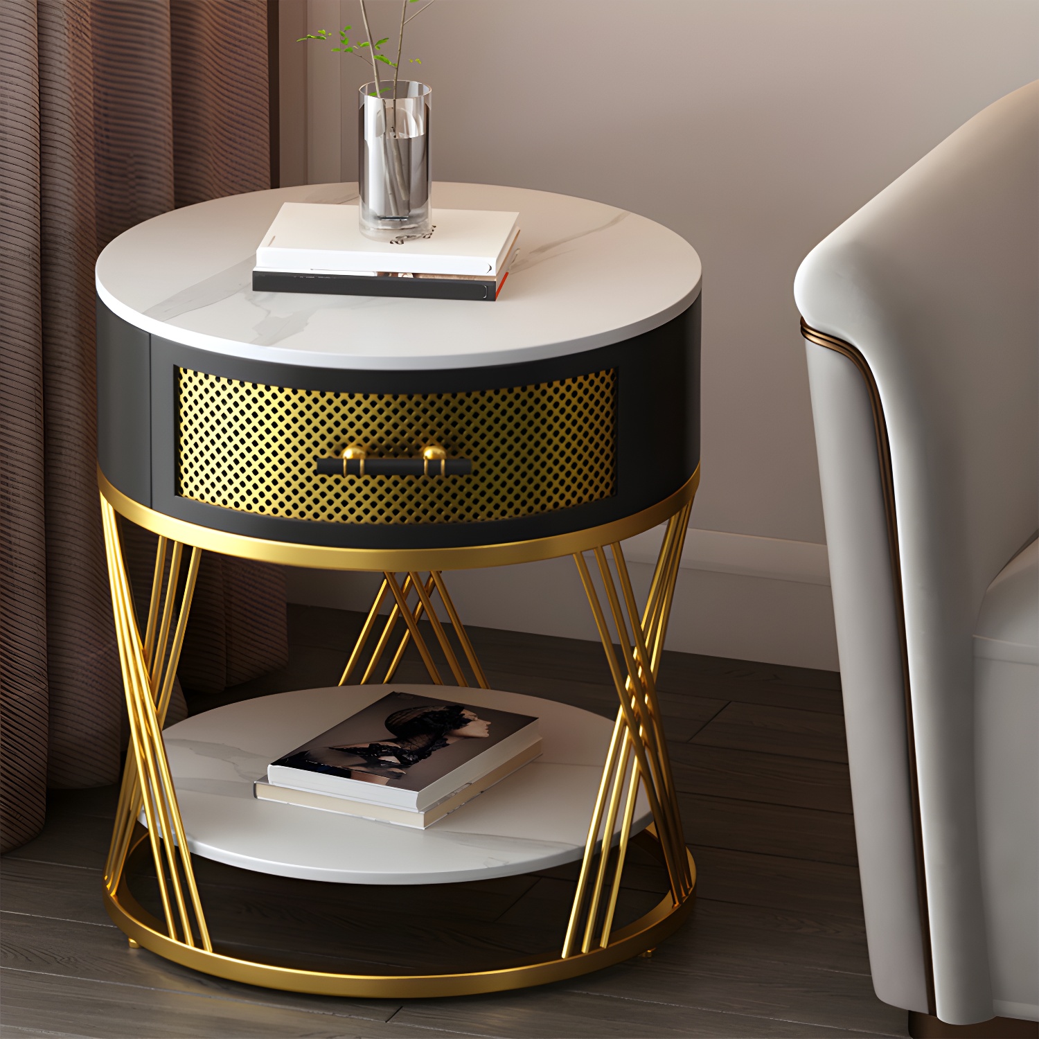 Glam Stone Top Night Table Open Storage 1-Drawer Metal Legs Included Nightstand - image 14