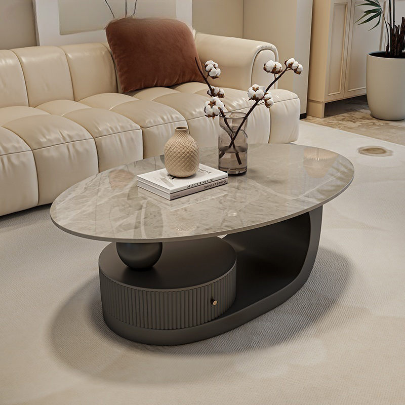 Modern Oval Stone Top Coffee Table, Abstract Iron Base, Scratch Resistant
