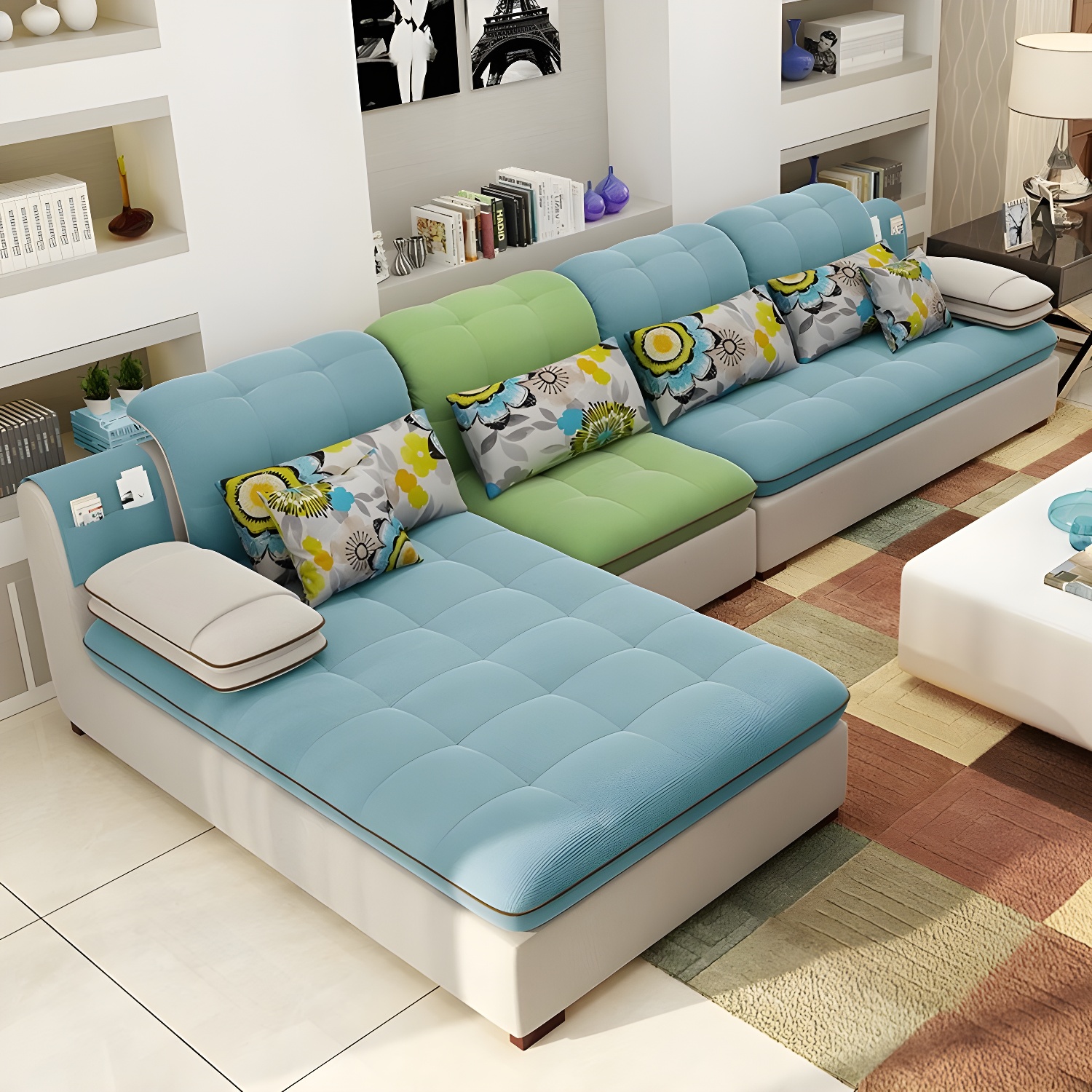 Modern Wood Frame L-Shaped Stationary Sofa Chaise with Adjustable Headrest and Storage Included