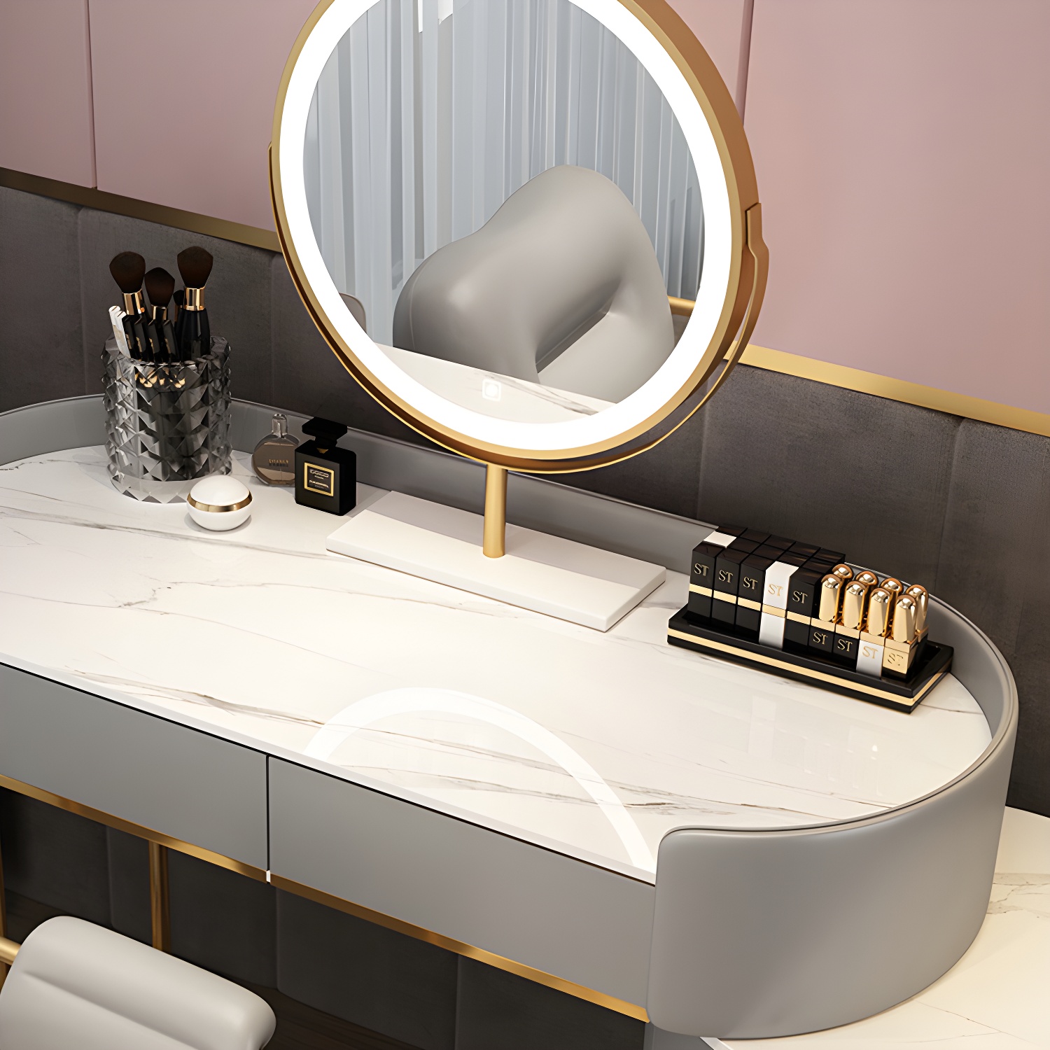 Wooden Makeup Vanity Desk Lighted Mirror Vanity Dressing Table Set with Drawer - image 11