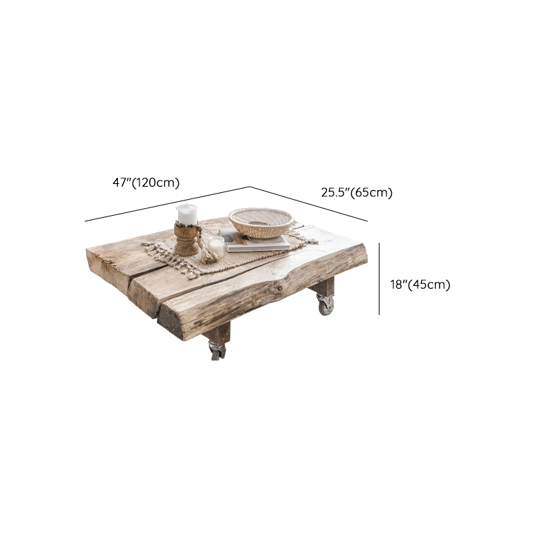 Classic Weathered Wood Wagon Wheel Pine Square Coffee Table with Rotating Roller Wheels for Home - image 7